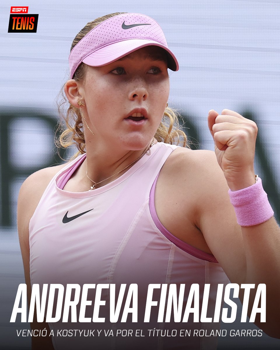 ESPNtenis's tweet photo. ¡FINALISTA A LOS 19 AÑOS! 🇷🇺🤯

La joven Andreeva jugó un partido casi perfecto para vencer a Kostyuk por 6-1 y 6-3 y se metió en la gran final de #RolandGarros 2026. 👏

🔜🏆 Buscará su primer Grand Slam ante Shnaider o Chwalinska. https://t.co/hUYYpvXBEZ