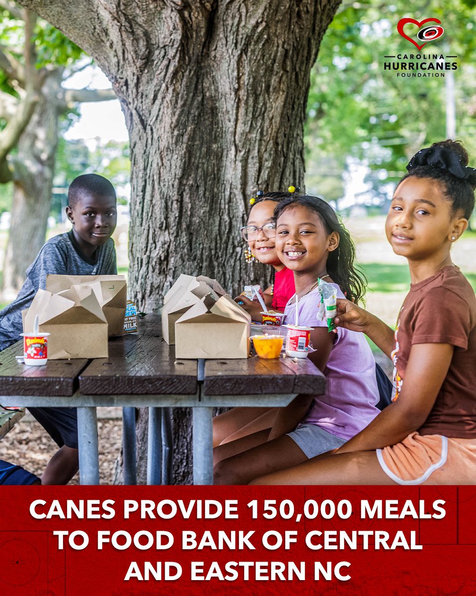 Canes's tweet photo. We’re honored to provide 150,000 meals to the @FoodBankCENC to provide meals to local children in the summer when school meals aren’t available.

This $50,000 donation comes as part of the #Canes playoff grant initiative totaling $200,000.

Details » https://t.co/YMNq7OWUTu https://t.co/5FzVZxMpNi