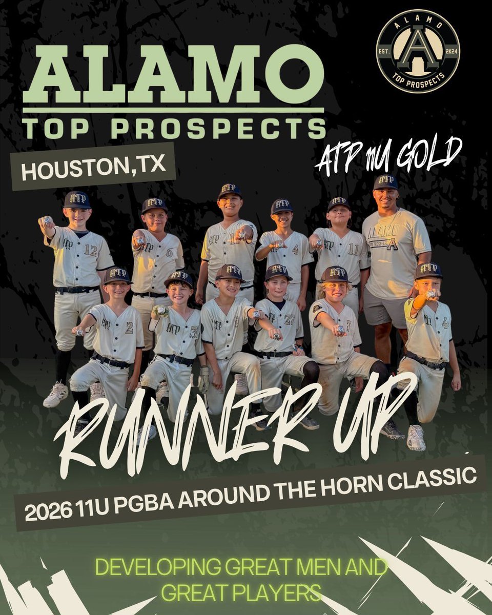 ATPNational's tweet photo. 🥈 RUNNER-UP 🥈 Congrats Alamo Top Prospects 11U — strong showing! They battled back to finals and are growing in skills, confidence, and teamwork. Keep building, keep competing. #AlamoTopProspects #ATPBaseball #11UBaseball https://t.co/N0E8DkE1UU