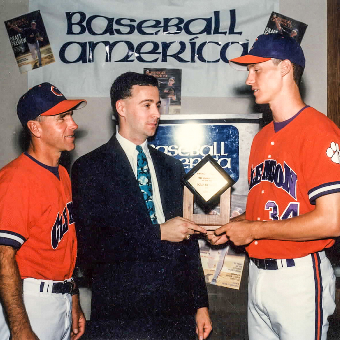 ClemsonBaseball's tweet photo. #TBT - The same week that he was named national player-of-the-year by @BaseballAmerica, @KrisBenson34 was drafted No. 1️⃣ overall by the @Pirates on June 4, 1996, 30 years ago today. @MLB 

On that same day, #Clemson defeated Alabama 14-13 in the College World Series. https://t.co/Ox8aqew9uT