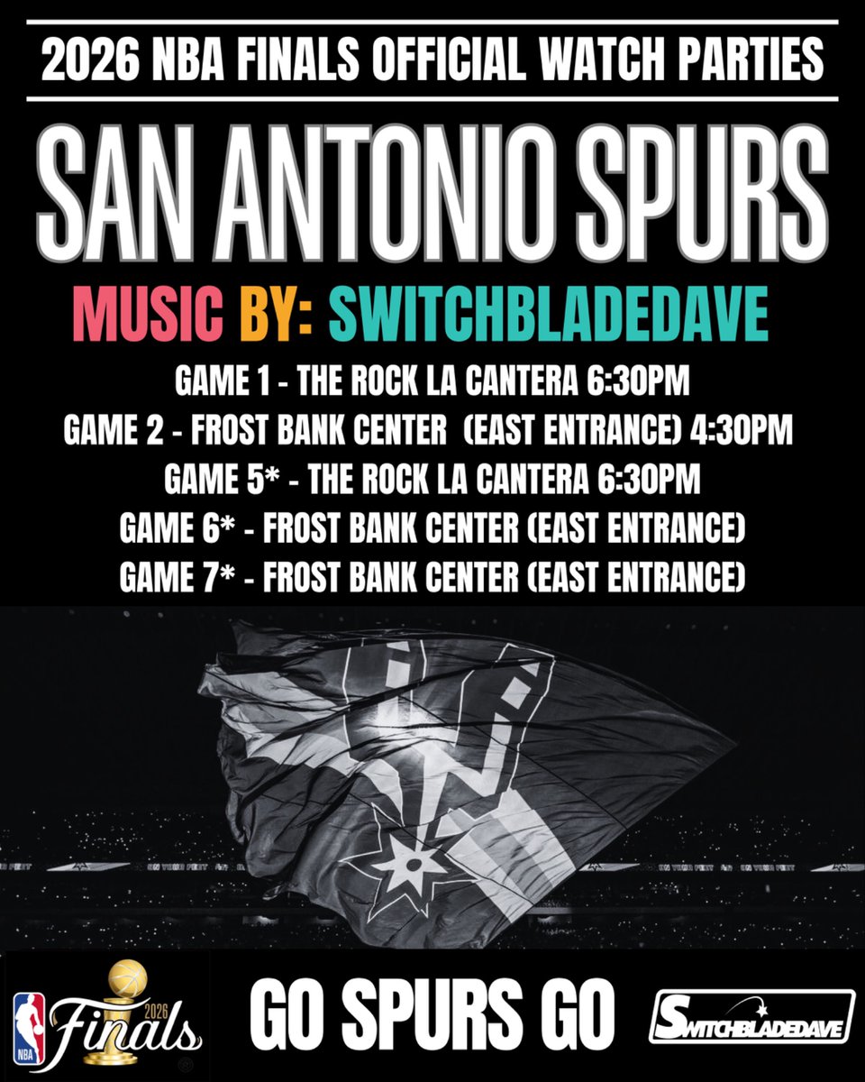 SWITCHBLADEDAVE's tweet photo. SPURSBLADEDAVE FOR THE NBA FINALS

OFFICIAL WATCH PARTIES AND PRE GAME PARTIES FOR THE SPURS AT THE ROCK AND AT FROST BANK

LETS BRING THE ENERGY AND TAKE THE TROPHY 
BE SAFE
GO HONKING
BRING THE ENERGY
GO SPURS https://t.co/mrIvDJzF8u