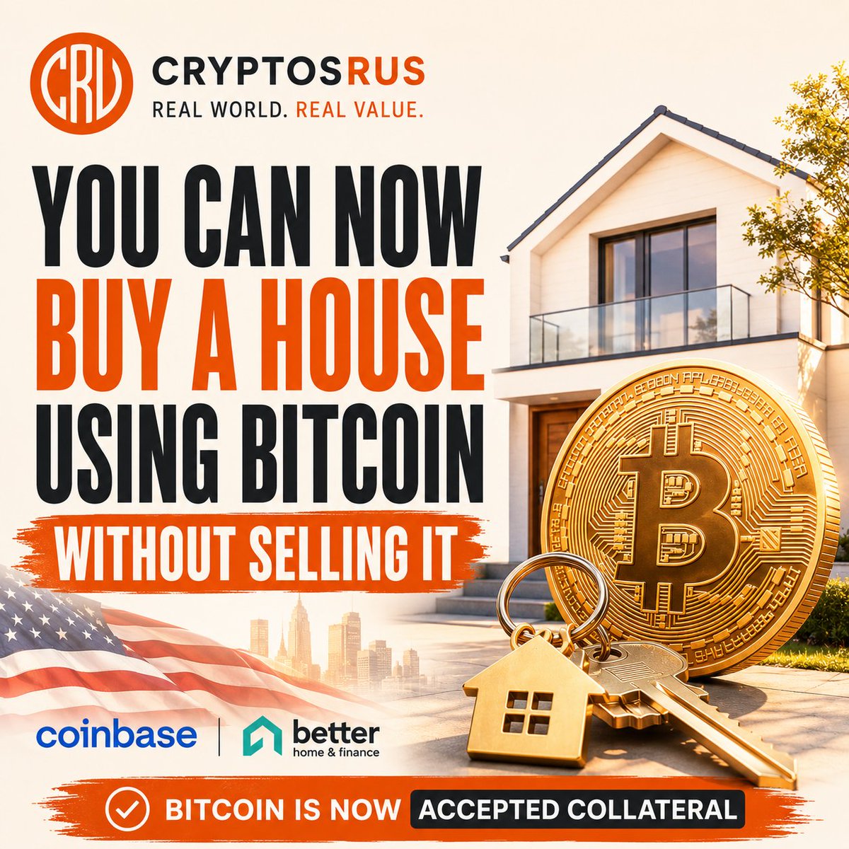 CryptosR_Us's tweet photo. COINBASE AND BETTER HOME JUST CLOSED THE FIRST-EVER CRYPTO-BACKED FANNIE MAE MORTGAGE

Pledge $BTC as collateral. 
Keep your upside.
 
Bitcoin is now accepted collateral in the US housing market. 🔥 https://t.co/OwtJ20Koej