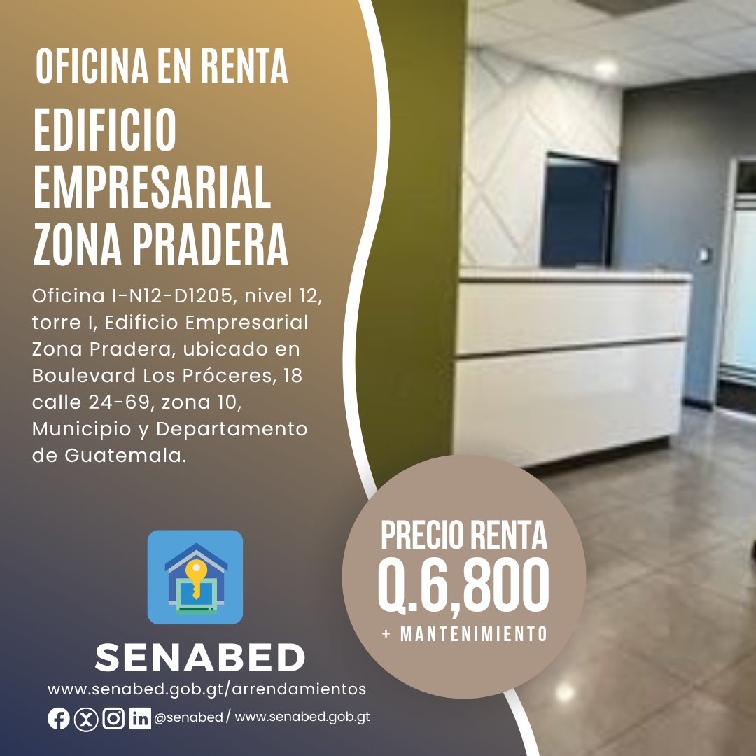 senabed's tweet photo. OFICINA EN RENTA
EMPRESARIAL ZONA PRADERA,
Torre 1 Nivel 12, Blv. Los Próceres, 18 calle 24-69, zona 10 Guatemala

Recepción 
Cocineta
Baño de uso general
3 ambientes
1 baño privado
1 parqueo 

Precio de renta Q 6,800.00 + mantenimiento.
Información: 5312-9934 y 5312-8800 https://t.co/1c3a9M2okC
