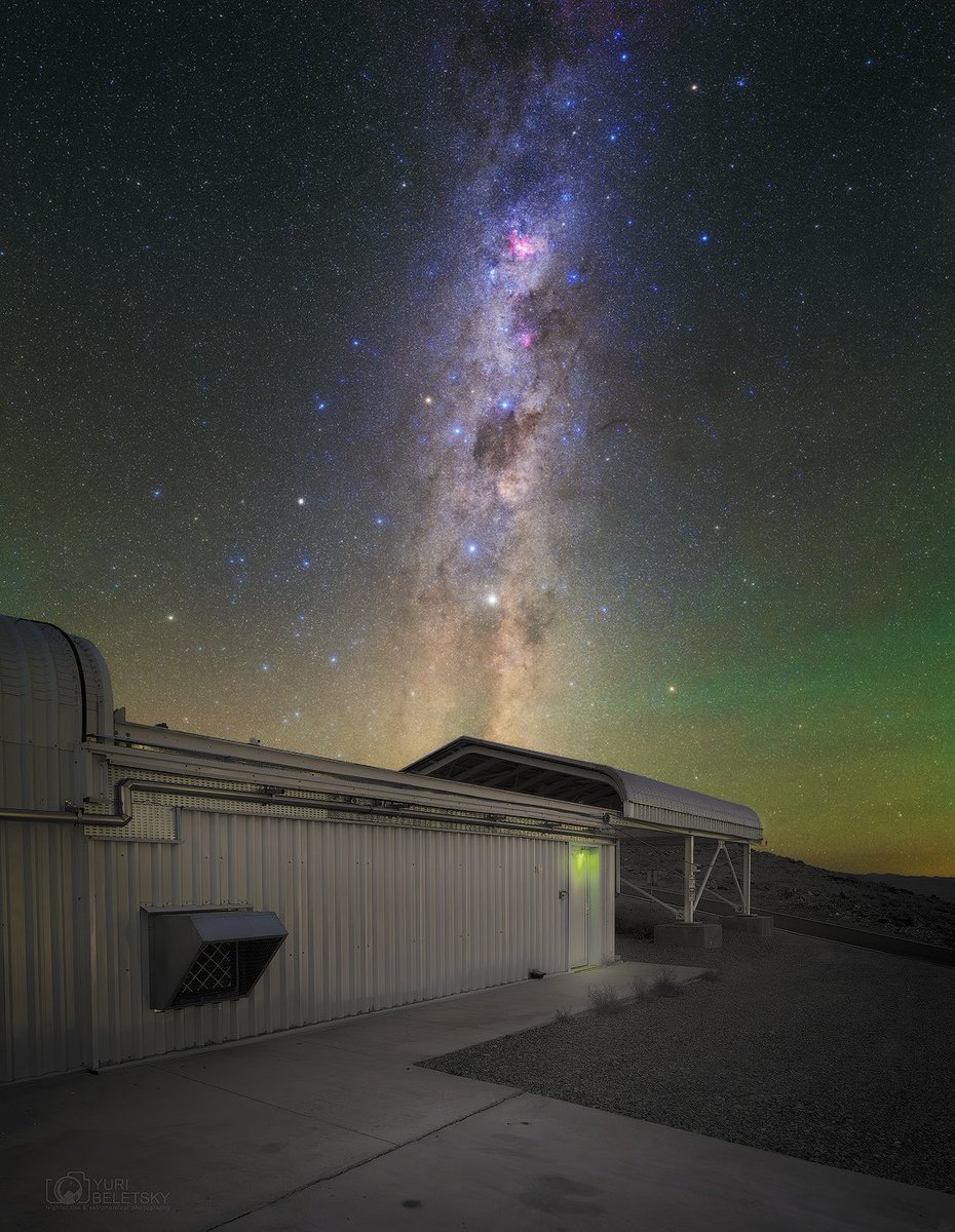 YBeletsky's tweet photo. The Milky Way rising above the Local Volume Mapper (LVM) at the Carnegie Las Campanas Observatory in the Atacama Desert, Chile 🇨🇱 LVM is an SDSS-V survey designed to produce the first contiguous, sub-parsec map of ionised gas in the Milky Way and its neighbours. I captured this image when the Southern Cross was just aligning above the building, together with Alpha and Beta Centauri.