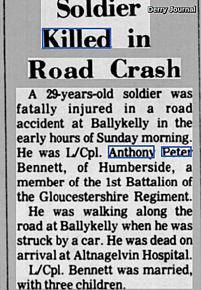 Hannyhas's tweet photo. #Remembered 4/6/1978, Anthony Peter Bennett, 29, married father from Hull, NE England. Off duty L/Cpl soldier in Glosters Regiment, stationed at Ballykelly, Limavady, N Ireland, killed by a car walking on the outside with another man, 1 am, Sunday on  Londonderry-Limavady Rd #OTD https://t.co/LJju1keDCb