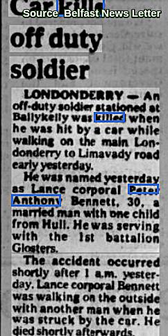 Hannyhas's tweet photo. #Remembered 4/6/1978, Anthony Peter Bennett, 29, married father from Hull, NE England. Off duty L/Cpl soldier in Glosters Regiment, stationed at Ballykelly, Limavady, N Ireland, killed by a car walking on the outside with another man, 1 am, Sunday on  Londonderry-Limavady Rd #OTD https://t.co/LJju1keDCb