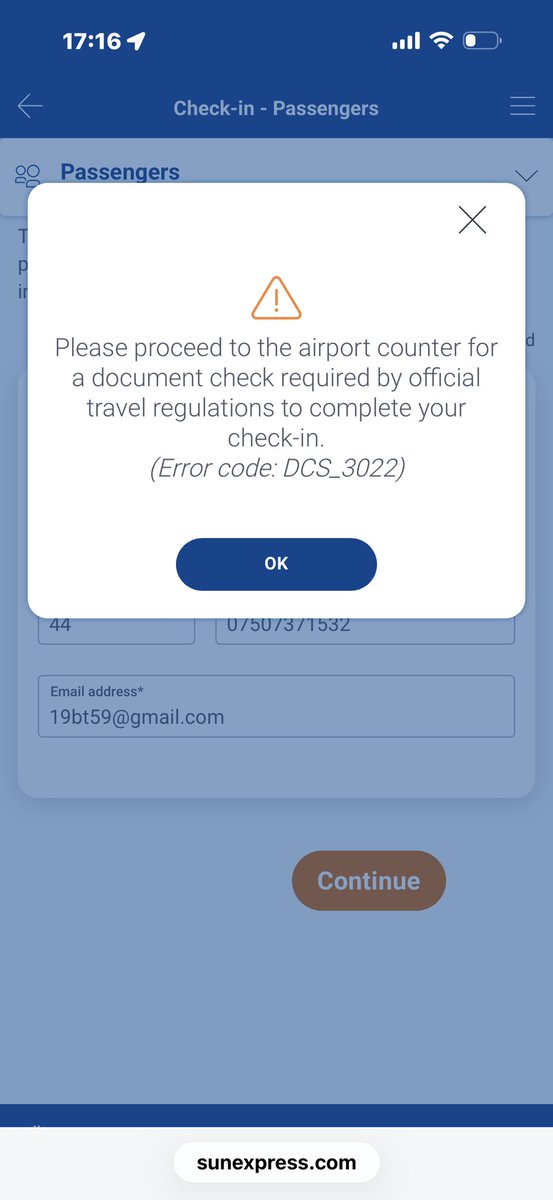 6rincon's tweet photo. @Ask_TUI_Rep hi guys, trying to check in for our return flight with SunExpress, tried a few times but just returns error code dcs_3022. https://t.co/jdZUSGXBAq