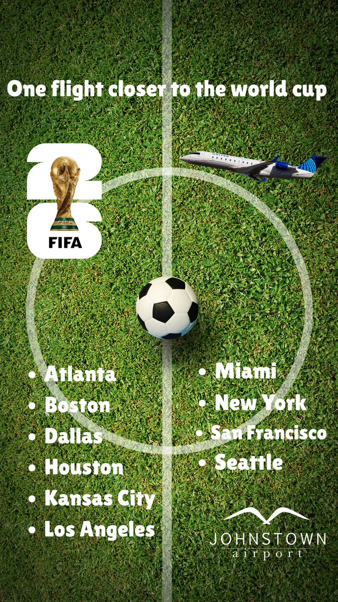 flyjohnstown's tweet photo. Next Stop: The FIFA World Cup.
Whether you're heading to Chicago, New York, Dallas, Atlanta, Seattle, or another host city, start your journey at Johnstown Airport. Skip the long drive, enjoy free parking, and connect seamlessly to World Cup action through United Airlines.
Book your flight today at https://t.co/aUbbw4Wktg and let your World Cup adventure begin.
#FlyJST #JohnstownAirport #UnitedAirlines #WorldCup2026 #FIFAWorldCup #TravelSmart #FlyLocal #AirportLife #GameDayTravel #RoadToTheWorldCup #Aviation