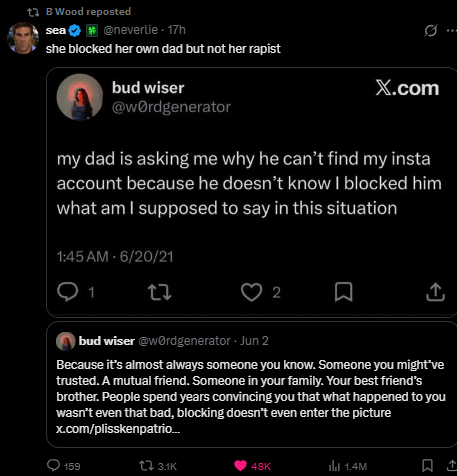 WomanDefiner's tweet photo. I can't even put into words how broken you have to be to follow your rapist while blocking your dad over politics on social media. 

It's crazy that in 30+ years of being online people can still shock me. https://t.co/C7B4vTAr0h