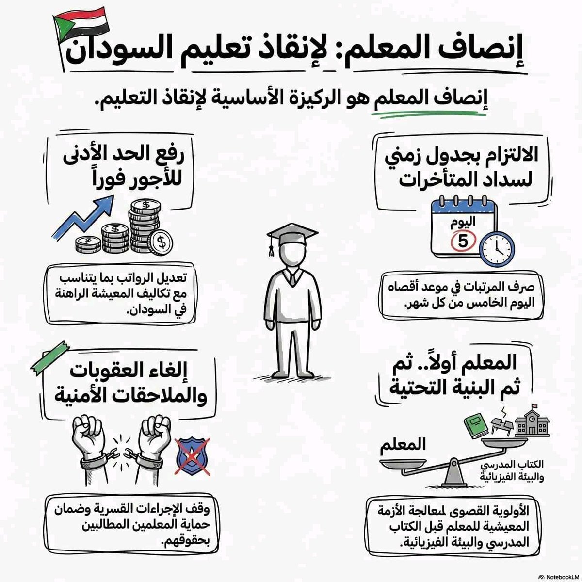 KhalidSelik7's tweet photo. بسم الله الرحمن الرحيم

السيد/ أمين عام حكومة ولاية الجزيرة المحترم.

بواسطة السيد/ وزير التربية والتعليم ولاية الجزيرة المحترم

التاريخ: 03/06/2026م.

السلام عليكم ورحمة الله وبركاته..

مذكرة مطالب معلمي ومعلمات ولاية الجزيرة المشروعة والملزمة.

صونًا لكرامة المعلم السوداني، وإيمانًا منا بأن التعليم هو الركيزة الأساسية لاستقرار الولاية ومستقبلها، وفي ظل الظروف بالغة التعقيد التي يعيشها المعلم وهو يؤدي رسالته المقدسة دون تقدير يليق بجهده وصبره، نرفع إليكم هذه المذكرة الحاسمة المستندة إلى حرصنا على استمرار العملية التعليمية على النهج السليم.

إن هناك خطوات اضطرارية فرضها التراخي المستمر في الإيفاء بالحقوق والمماطلة في تسوية الاستحقاقات المالية والإدارية التي لم تُلبَّ حتى الآن.

وبناءً على ما تقدم، نلخص لكم المطالب التفاوضية لمعلمي ولاية الجزيرة، والتي لا تنازل عنها لاستئناف العملية التعليمية:

أولاً: الملف المالي:

صرف المستحقات المتأخرة وتعديل الحد الأدنى للأجور بما يتناسب مع الوضع المعيشي الراهن ومعدلات التضخم الحالية، بما يضمن للعاملين في قطاع التعليم العيش بكرامة واستقرارهم الأسري والاجتماعي.
صرف مستحقات عام 2023م.
صرف الـ(40%) المتبقية من متأخرات الأربعة أشهر الخاصة بالعام 2023م.

صرف مرتبات عام 2024م كاملة دون نقصان (12 شهرًا).
صرف المستحقات السنوية المتراكمة.

صرف الفروقات الخاصة بمنحة العاملين بالبديل النقدي وبدل اللبس المتأخرة لأربع سنوات كاملة.
صرف العلاوات والبدلات المجمدة.
تطبيق علاوة بدل السكن بأثر رجعي اعتبارًا من 1 يناير 2025م.

صرف علاوة إزالة مفارقات الأجور اعتبارًا من 1 مارس 2026م.

ثانيًا: الملف الإداري والترقيات:

1. إلغاء العام الدراسي المضغوط
نرفض تمامًا سياسة تكديس المناهج وضغط التقويم، ونعتمد بداية العام الدراسي كما تم الاتفاق عليه في مؤتمر وزراء التربية والتعليم بالولايات، على أن تبدأ الدراسة في سبتمبر وتنتهي في أبريل أو مايو، وذلك لضمان استيفاء عدد الأيام الدراسية المقررة عالميًا ومحليًا (180 يومًا – 210 أيام).

2. تحسين البيئة المدرسية
تهيئة وتأهيل المدارس لتكون بيئة صالحة وآمنة للعطاء والتحصيل العلمي.

3. سد النقص في الكادر التعليمي
معالجة النقص الحاد في الكادر التعليمي بفتح باب التعيينات فورًا لسد العجز القائم في المراحل التعليمية المختلفة.

موقفنا الراهن:

إننا، معلمات ومعلمي ولاية الجزيرة، نؤكد أن استقرار العام الدراسي مرهون بالاستجابة الفعلية لهذه المطالب، وتقديم جداول زمنية واضحة وموثوقة لتنفيذها، صونًا لكرامة المعلم وحفاظًا على العملية التعليمية.

ونأمل منكم تغليب صوت العقل والمسؤولية تجاه هذا القطاع الحيوي، وتدارك الأزمة قبل تفاقمها.
وتفضلوا بقبول فائق الاحترام والتقدير.

مقدموه:

معلمات ومعلمو ولاية الجزيرة

ملاحظة:

نرجو من سيادتكم التكرم بالرد على هذه المذكرة خلال أسبوع من تاريخها.

صورة إلى:

وزير المالية بالولاية.
مدير عام وزارة التربية والتعليم بالولاية.
وسائل الإعلام والرأي العام.

#مرتبات_العاملين_قضية_حياة
#حقوق_المعلمين
#لا_لترهيب_المعلمين
#اضراب_المعلمين_السودانيين