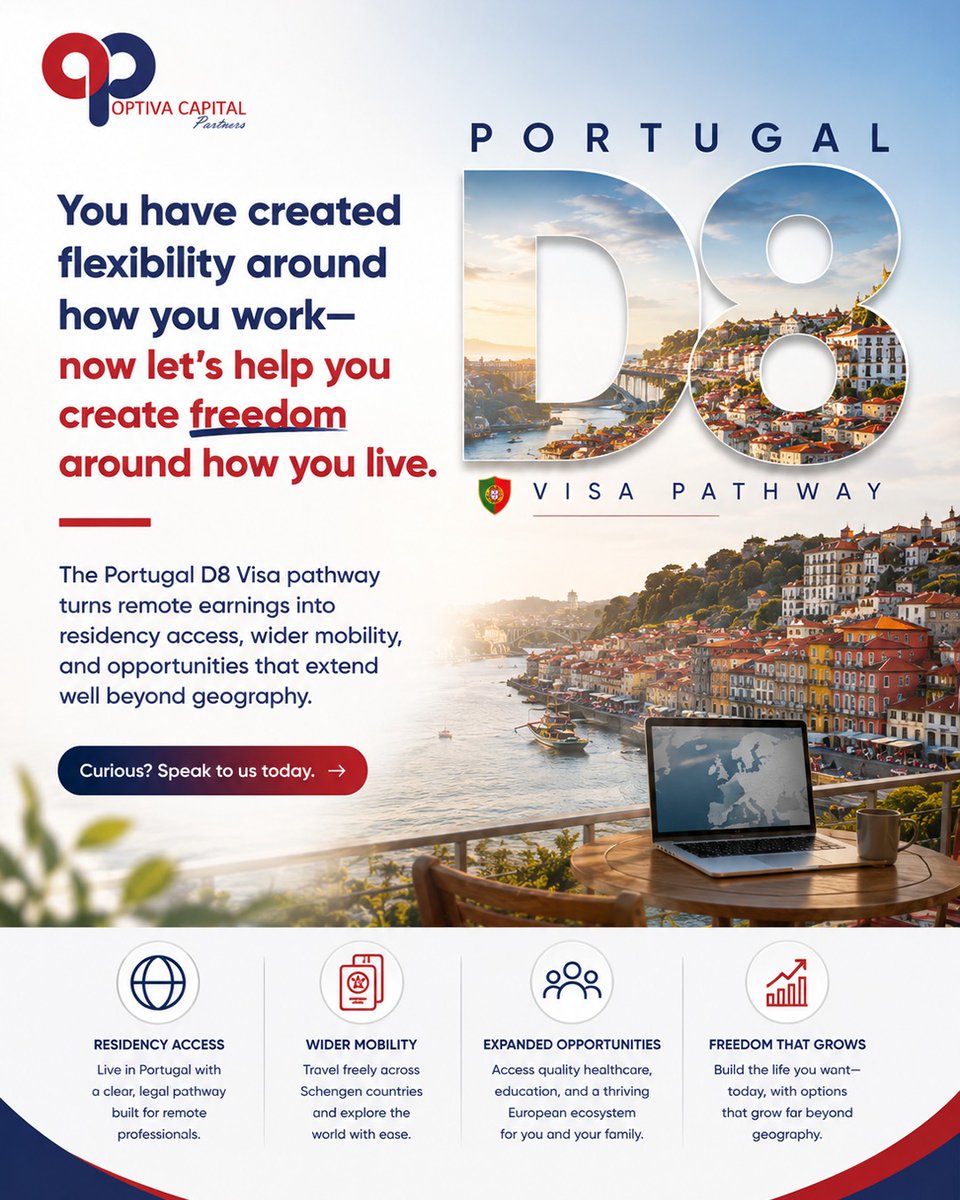 Optivacp's tweet photo. Your income shouldn’t be limited by your location. 🌍

If you earn remotely, Portugal’s D8 Digital Nomad Visa could be your pathway to European residency, greater mobility, and new opportunities for you and your family.

#PortugalOpportunity https://t.co/sUnjhi5Spp