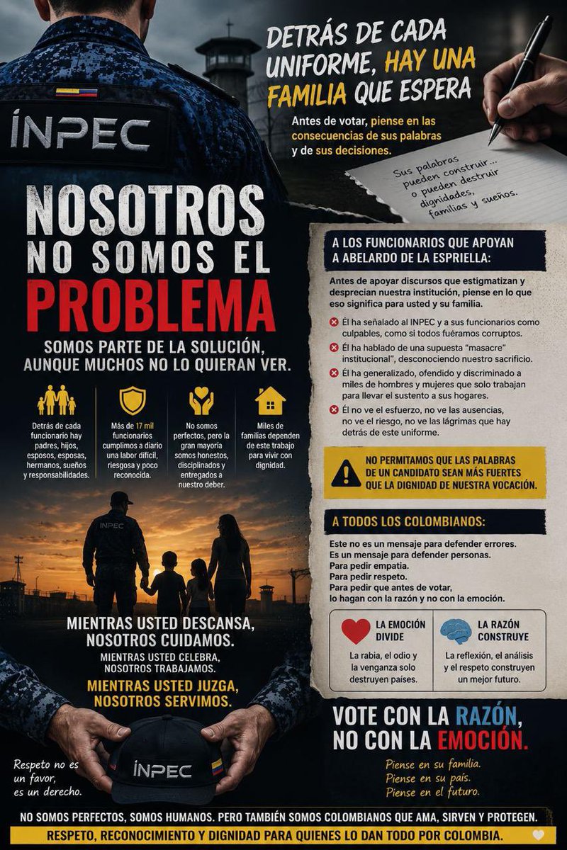 UtpcolombiaOrg's tweet photo. Somos parte de la solución en una sociedad que necesita sanar de tanto odio y resentimiento, las cárceles son centros de recuperación del infractor penal, NO centros de Tortura. 

Los servidores penitenciarios SÍ sabemos servir a la patria, los símbolos NO SON para el engaño. https://t.co/QQVezlRBv9