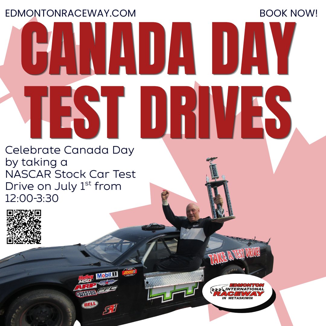 EIRNASCAR's tweet photo. There’s still room to book a Test Drive Race Experience this Canada Day at the Edmonton International Raceway in Wetaskiwin!
Gates Open at 7:30 p.m. and fireworks at 11:00 p.m.
for more information. Visit https://t.co/4fOSHupOhC
#canadaday #racing #racetrack #fireworks https://t.co/eH84YX4fi6