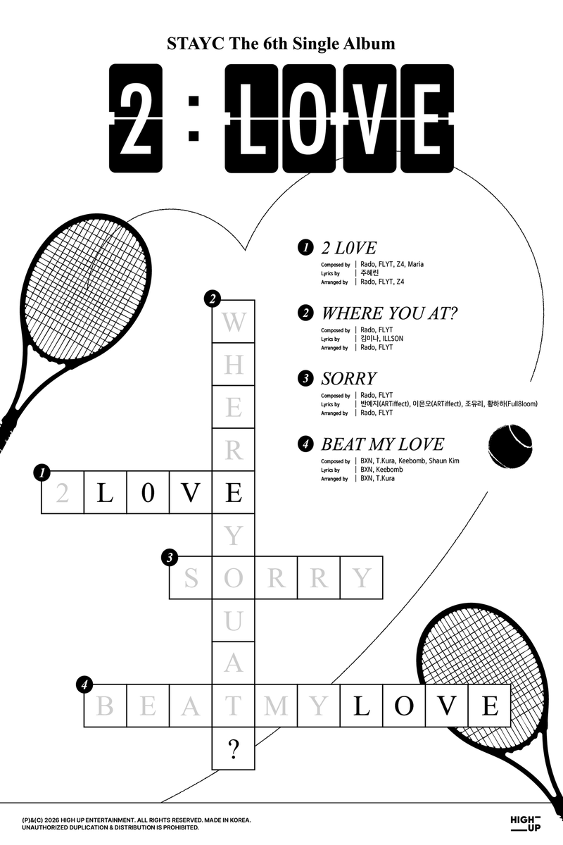STAYC_POPBASE's tweet photo. STAYC reveals the songs featured on their upcoming single album 2:LOVE 

1. 2LOVE (title track)
2. Where You At?
3. Sorry
4. Beat My Love https://t.co/RxlxKhrulr
