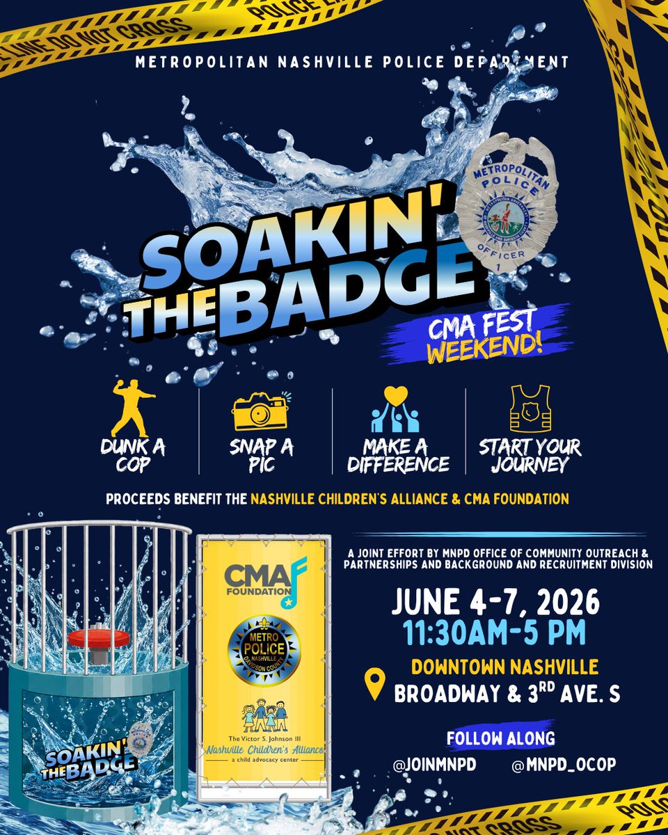 MNPDNashville's tweet photo. Come out to dunk your favorite cop this weekend on Broadway to benefit the Nashville Children’s Alliance! We can’t wait to see you. https://t.co/u7CzZfyYiw