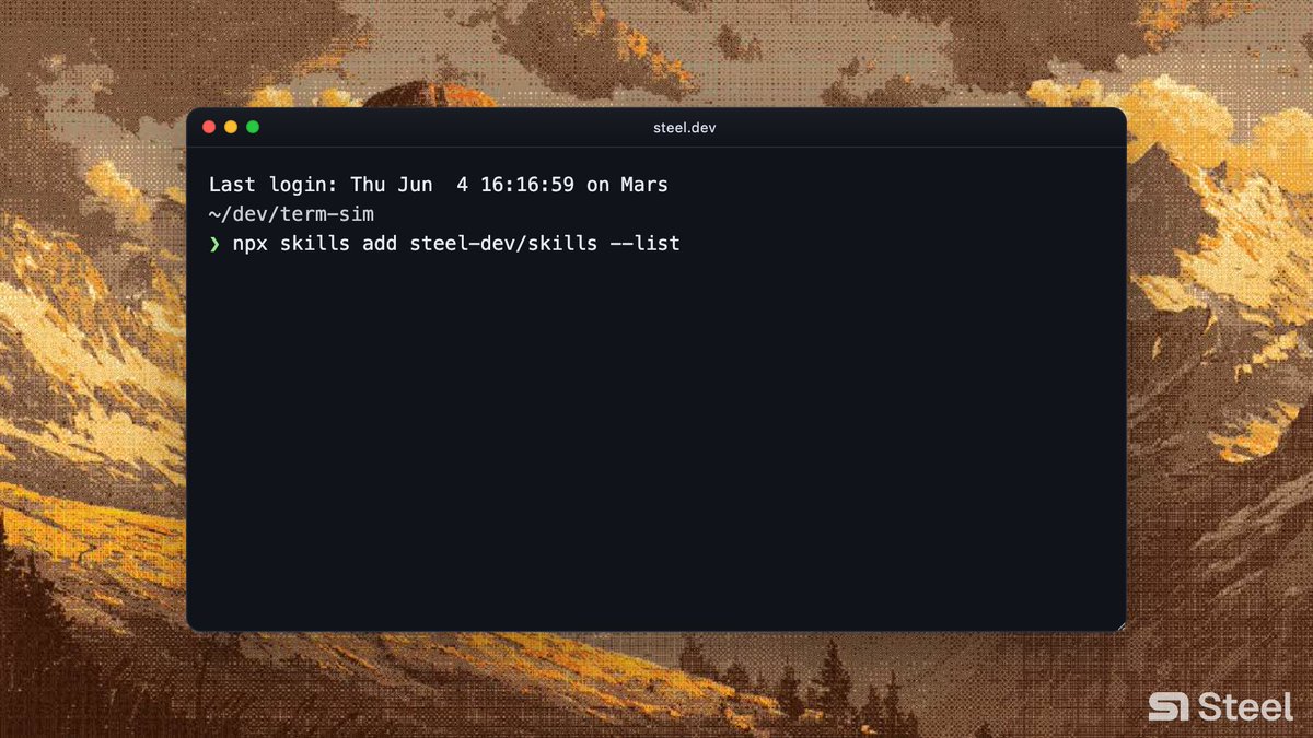 steeldotdev's tweet photo. List the catalog with @vercel skills or use Steel CLI skills command.

`npx skills add steel-dev/skills --list` https://t.co/0BxQTFrciG