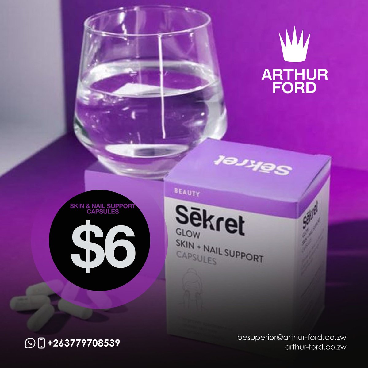 ArthurFordZW's tweet photo. Healthy-looking skin and beautiful nails start from within.
Get your Sēkret Glow Capsules today for only $6.
📞 +263 779 708 539 | 📧 besuperior@arthur-ford.co.zw
#arthurford 
#arthurfordZW https://t.co/GG4SJNXiVh