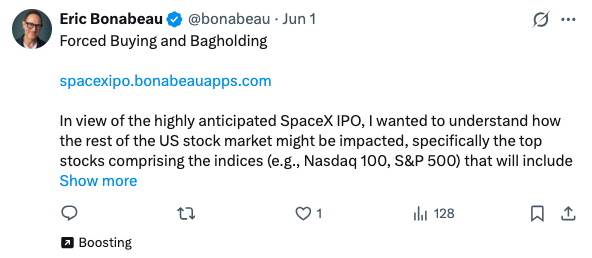 bonabeau's tweet photo. Censorship on X?

I did a test: after 3 days of paid "boosting", which promised an estimated 5,000 to 10,000 views per day, this post about the SpaceX IPO has... 128 views. With boosting, the number of views is not about how interesting the post is but how the X algorithm decides to serve your post. My $30 experiment for 128 views shows that the algorithm is hiding the post. 

@elonmusk
