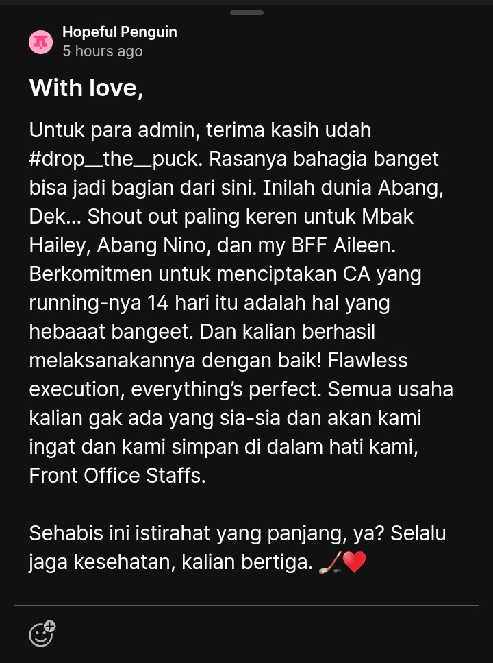 TrainerAileen's tweet photo. @HeadCoachNino Ai seneng banget bacanya, makasih juga ya semuanya buat yang udah mau luangin waktu kalian buat join DTP dan selalu ramein timeline kita. Ai bener-bener seneng bisa jalanin hampir dua mingguan ini sama kalian! 🥺❤ https://t.co/GBSR8LRI8o