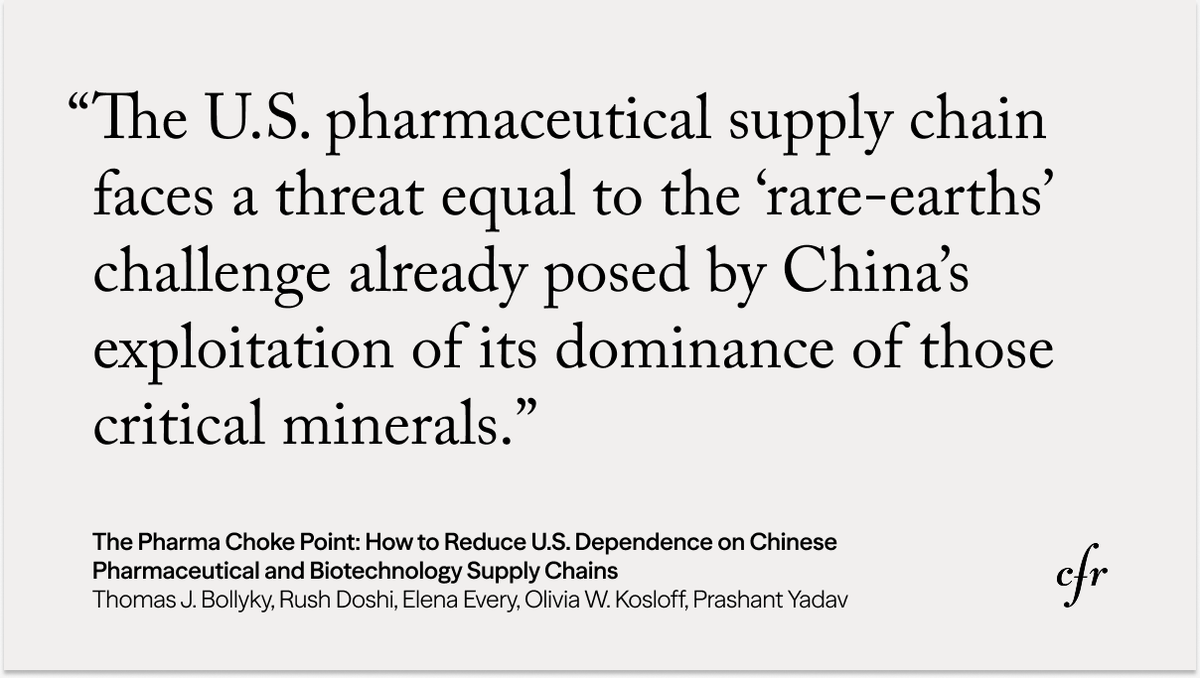 CFR_China's tweet photo. NEW report from @CFR_China and CFR's Global Health program: @TomBollyky, @RushDoshi, @OliviaWKosloff, @Prof_Yadav_SCM and Research Associate Elena Every provide a replicable solution framework for how the U.S. can reduce its pharmaceutical dependence on China. https://t.co/vrHFQC3Tlj