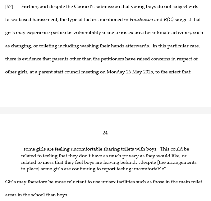 claire_ob1's tweet photo. 4 June 2026: Scottish Court finds that failure to provide single sex toilets in schools (both cubicles and washbasins) discriminates against girls on grounds of sex, with reference to
- privacy
- dignity
- safety
- health and hygiene
- sex-based vulnerability, anatomical and experiential differences as between girls and boys.

There should be no mistake about what this judgment shows.

Reliance on gender-neutral and unisex toilets in schools subjects girls -- en masse -- to degradation and increased risk of physical harm, on grounds of sex.

Besides being unlawful under the Equality Act 2010, this undoubtedly breaches the human rights of girls under the ECHR, UNCRC, CEDAW, and probably also the Istanbul Convention.

Governments and public authorities that fail to restore single-sex toilets in schools will, on this basis, be responsible for human rights violations.

And those who encourage them will be complicit.

https://t.co/G8JwLOLyKV