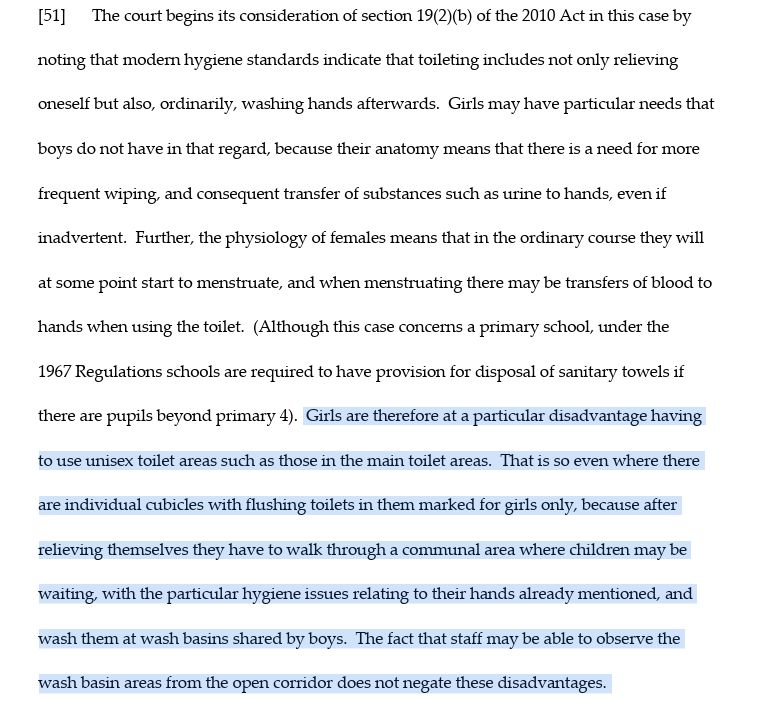 claire_ob1's tweet photo. 4 June 2026: Scottish Court finds that failure to provide single sex toilets in schools (both cubicles and washbasins) discriminates against girls on grounds of sex, with reference to
- privacy
- dignity
- safety
- health and hygiene
- sex-based vulnerability, anatomical and experiential differences as between girls and boys.

There should be no mistake about what this judgment shows.

Reliance on gender-neutral and unisex toilets in schools subjects girls -- en masse -- to degradation and increased risk of physical harm, on grounds of sex.

Besides being unlawful under the Equality Act 2010, this undoubtedly breaches the human rights of girls under the ECHR, UNCRC, CEDAW, and probably also the Istanbul Convention.

Governments and public authorities that fail to restore single-sex toilets in schools will, on this basis, be responsible for human rights violations.

And those who encourage them will be complicit.

https://t.co/G8JwLOLyKV