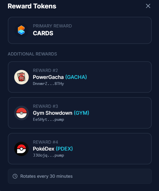 TCGIndexFund's tweet photo. You are now earning every 30 minutes 

solana:EeSHyt1ahSvm91CSa8ASqvenmxxQn2WU5VeNhdmepump @Gym_Battles 

$CARDS @Collector_Crypt 

$PDEX @PokeDexMarkets 

$GACHA 

#passiveincome #TCG https://t.co/cEFjcFbSIl