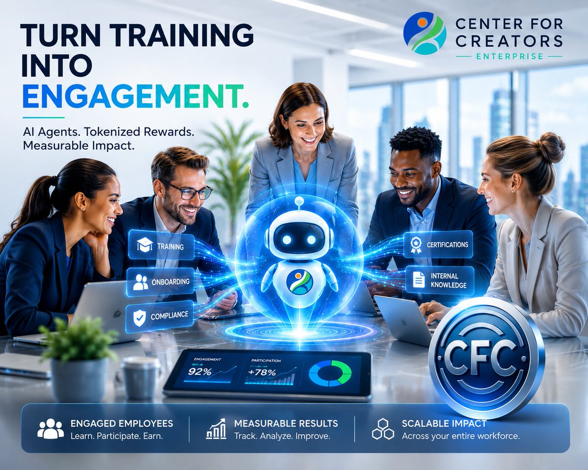 center4creators's tweet photo. Center for Creators helps organizations tokenize training, onboarding, compliance, certifications and internal knowledge while embedding customized #AIAgents into each experience and incentivizing engagement with the #CFCToken

Now live https://t.co/21m5CsFtDI
#Tokenization #XRPL https://t.co/qs0exf9xAx