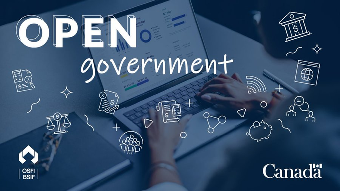 A person working on a laptop displaying charts and graphs. The words "OPEN government" appear prominently in white text. Around the text are hand-drawn icons, including a piggy bank, bank building, and document with a pie chart and bar graph.