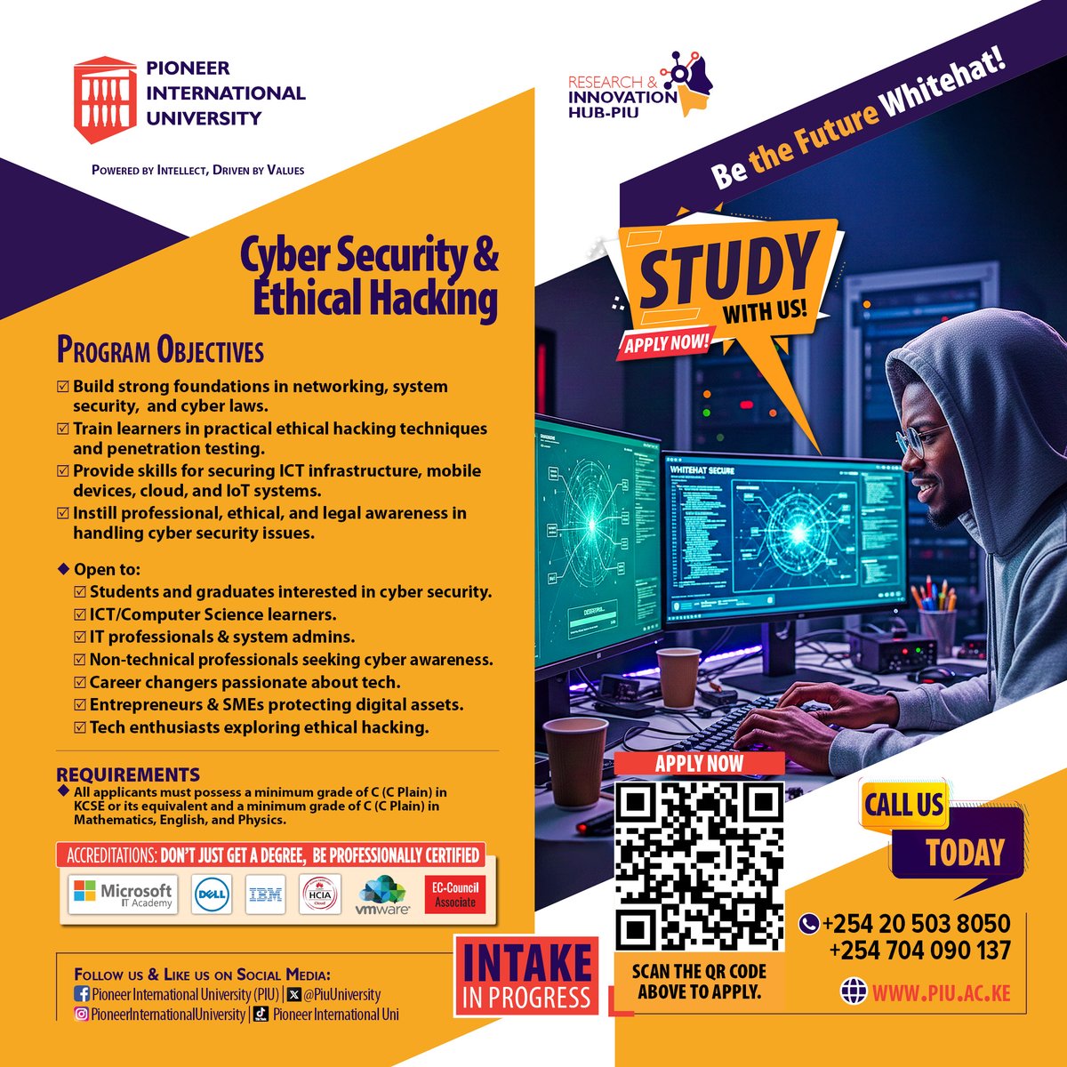 PiuUniversity's tweet photo. SECURE YOUR FUTURE IN A DIGITAL WORLD! 🌐🔐 PIU's Cybersecurity Certificate Programme equips you with the practical skills &amp; knowledge to defend systems, protect data &amp; stay ahead of cyber threats.  #CyberSecurity #IHub #IAmPIU https://t.co/pQtWRsKaBT