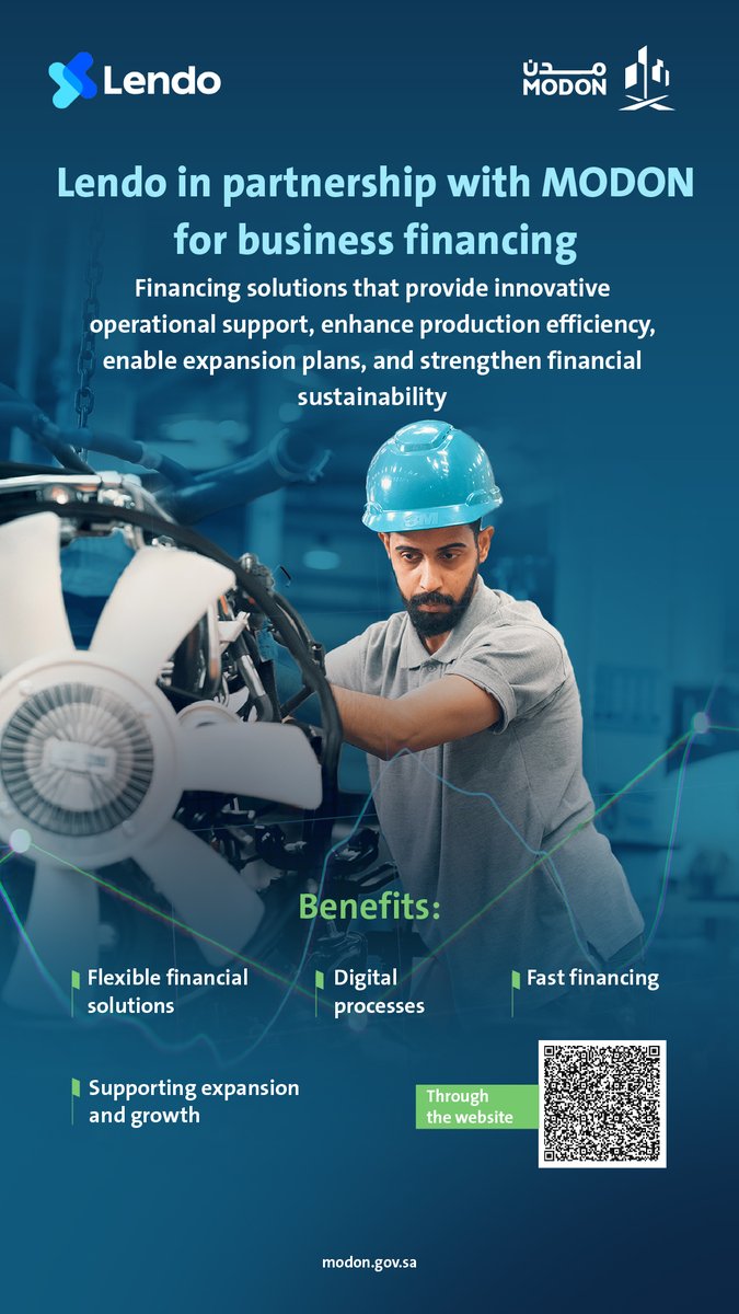 Modon_En's tweet photo. Lendo empowers MODON factories with fast digital financing solutions to efficiently manage their operational commitments. https://t.co/eepyFp3jzu