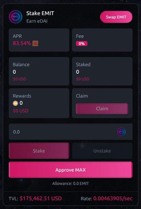 EMITfarm's tweet photo. 📡 Stake EMIT & Earn $eDAI Rewards 🛰️

ℹ️ EMIT's Single-Sided Staking Pool Is Fueled By Market Volume & Protocol Activity via 5% Fee On Transactions. 1% Burns EMIT, 4% To Staking. The More Volume / Activity The Token & Protocol Has, The More Rewards Generated!

🛰️ Current APR ➡️ 83%

Farms ➡️ https://t.co/0jvHMNspxj 🔗
Community ➡️ https://t.co/9VVSi6Y0l2 🔗