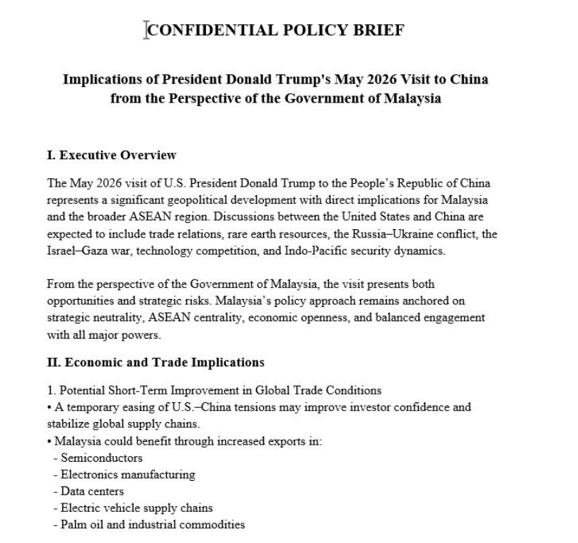 nextronresearch's tweet photo. We analyzed a Sharp Dragon APT chain targeting Malaysian government officials

A weaponized Word document posing as a US-China policy brief. Same actor. New campaign. New geography.

The document is convincing, formatted as a legitimate diplomatic policy brief titled “Malaysia Policy Brief: Trump China Visit”, with a professional structure clearly designed for senior officials tracking US-China-ASEAN relations.

The payload is a VBA macro that hides the embedded binary across 15 Form TextBox objects in the document’s UserForm. Nothing is dropped to disk until execution.

Execution chain:

VBA macro decodes the 15 TextBox chunks at runtime → assembles and drops a loader disguised as OneNote.exe → custom AES-128-ECB + LZ4 decompression, intentionally avoiding CryptoAPI → Download_s.dll beacon → HTTP GET to /microsoftonline/common/oauth2/authorize.php impersonating Microsoft → NtMapViewOfSection into rundll32.exe → Stage 4 delivered

Our @thor_scanner run produced the following YARA hits:

SUSP_VBA_Dropper_Feb26 
https://t.co/jZT7ZLn9ww

APT_MAL_DLL_Loader_May24 
https://t.co/nGd3x3BHTS

Doc sample (2/62)
https://t.co/OxXMGeH2wQ

Second stage
https://t.co/vaP4uSBWqq

Downloader (stage3) sample
https://t.co/dhzqgke6X1