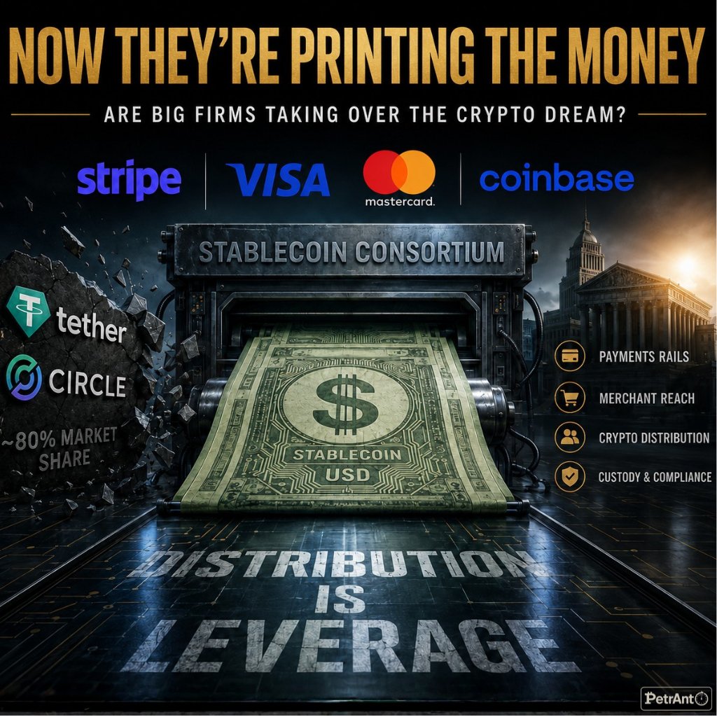 petranto's tweet photo. Now They're Printing the Money.
Are Big Firms Taking Over the Crypto Dream?

One day. That is how long it took to go from Mastercard settling other people's stablecoins to Stripe, Visa, Mastercard, and Coinbase reportedly forming a consortium to issue their own. 
Yesterday I wrote: "You can't kill what you need", today, big firms just confirmed what they don't need any more...

Bitcoin is red on the day, but watch the hands, not the price. The CLARITY Act is stuck in the Senate on a single fight, whether stablecoin yield survives, and that yield is roughly 20% of Coinbase's revenue.
So Coinbase moving to help issue its own dollar reads less like a narrative play and more like a company getting ahead of the law before the law gets ahead of it.

Yesterday, credit card businesses were absorbing stablecoins rather than being killed by them, taking a fee on the rails the disruptors built. I did not expect the next move quite this fast. They are no longer content to own the road and charge a toll. They want to print the currency that drives on it.

👉 The two companies that make up roughly 80% of the stablecoin market, Tether and Circle, just watched the most powerful distribution alliance in payments announce it intends to compete with them directly. 👇

🔹What was actually reported🔹

Per The Information, with follow ups across CoinDesk and PYMNTS, the shape of it is this.

▫️ Stripe, Visa, and Mastercard are near launching a unified stablecoin platform, with Coinbase in talks to join, reportedly for an equity stake.

▫️ The explicit target is Circle's USDC and Tether's USDT, the two issuers that control about 80% of a $325 billion market.

▫️ Each member brings a different weapon.
Visa and Mastercard bring the card rails and 150 million plus acceptance points.
Stripe brings merchant reach and Bridge, the issuance infrastructure it bought in 2024.
Coinbase brings crypto distribution, custody, and compliance.

Put plainly, four companies are not dabbling here. They are assembling every layer a dollar needs to live on chain, issuance, settlement, merchant acceptance, and exchange liquidity, under one roof, aimed squarely at the incumbents who got there first.

🔹The knife nobody is pointing at🔹

Here is the detail that turns this from a partnership story into a betrayal story, and almost no one is saying it out loud.

Coinbase and Circle have been joined at the hip since 2023 through a revenue sharing deal on USDC. Coinbase keeps all the yield on USDC held on its platform and splits the rest fifty fifty. That agreement comes up for renewal this August.
So months before it has to re sign the deal that pays it hundreds of millions, Coinbase is reportedly exploring an equity stake in a consortium built to compete with the very coin that deal is based on.

➡️ Circle's single most important distribution partner is shopping for a way to own the competitor instead of renting from the issuer. Circle stock slipped on the news, and that is the market starting to price what this means: the company everyone crowned as the regulated winner of the stablecoin race is suddenly the one most exposed to being disintermediated by its own allies. 
👉 Distribution is leverage, and Coinbase just reminded Circle who actually holds it.

🔹Why distribution eats the issuer🔹

This is the lesson the whole week has been building toward, and the consortium makes it impossible to ignore.

A stablecoin is trivial to mint. 🤷 
The hard part, the only part that matters, is getting it into hands and making it spendable:
- Circle solved that by renting Coinbase's distribution.
- Tether solved it offshore through exchanges. 
Both are, underneath the branding, issuers dependent on someone else's reach.

Now look at who just teamed up. 👀 
1⃣ Card networks that touch nearly every merchant on earth. 
2⃣ A payments platform embedded in millions of businesses. 
3⃣ An exchange with tens of millions of funded accounts.

They already own the distribution that USDC and USDT have to rent. Adding their own coin on top costs them almost nothing and lets them keep the issuance economics they currently hand to Circle.

👉 When the distributor decides to issue, the independent issuer becomes a middleman it no longer needs. That is the existential threat here. The consortium does not have to make a better stablecoin. It only has to make a good enough one and put it where it already controls the shelf.

🔹The part that should bother the crypto believers🔹

Step back from the tickers and the irony gets heavy.

Stablecoins were sold as the open, permissionless dollar that routed around the gatekeepers. 
What is forming instead is an oligopoly, three of the largest payment companies on earth plus the biggest US exchange, proposing to issue the dollar, settle the dollar, accept the dollar, and clear the dollar, all within one alliance. 

Call it what it is, the existing financial cartel re forming on faster rails, with a blockchain underneath for efficiency rather than for freedom.

👉 The technology delivered everything it promised. Cheaper, faster, programmable dollars. It just handed all of it to the same handful of institutions that ran the old system, and gave them a new layer to consolidate.

🔹Actionable Advice for Wise Investors🔹

1️⃣ Reprice Circle ( $CRCL ) on distribution risk, not adoption hype. 
The bull case was always that USDC is the regulated, institutional dollar. The consortium attacks the one thing that case quietly depended on, Coinbase's distribution and the August revenue share renewal. 
👉 Watch that renewal like a hawk. The terms Coinbase demands, or whether it walks, will tell you more about Circle's future than any supply chart.

2️⃣ The card networks keep being the trade, not the victim.
Visa ( $V ) and Mastercard ( $MA ) spent a cycle priced for disruption. In one week they have moved from settling stablecoins to issuing them. They are converting every phase of the stablecoin build into a fee line they collect. 
👉 Keep reading them as the consolidators, because that is how they keep behaving.

3️⃣ Coinbase ( $COIN ) is the swing factor, and the most interesting name here.
If it joins, it trades a revenue share check from Circle for equity in the platform meant to replace Circle. 
👉 That is a structurally better position. The risk is execution and antitrust attention on a four way payments alliance, but the strategic logic is sound, and the optionality is real.

4️⃣ And (again) the conclusion only sharpens towards Bitcoin if you still want to believe in crypto. 
Every layer of this, issuance, settlement, distribution, is one more place the dollar gets owned and gated by a shrinking club. 
The more the on chain dollar consolidates into a cartel, the cleaner the case for the asset with no consortium, no issuer, and no shelf to control. 
👉 Bitcoin ( $BTC ) very much like gold ( $GLD ) is the hedge against exactly this, the financialization of the exit itself.

🔹The (stable) Takeaway🔹

For two years the story was that stablecoins would disrupt traditional finance. This week (definitely) wrote the ending.

Traditional finance looked at the disruptor, decided it was a good idea, and is now building its own, on its own rails, with its own coin, behind its own walls.

👉 Circle taught the giants that a branded dollar was worth issuing... The giants thanked it by deciding they would rather issue their own.