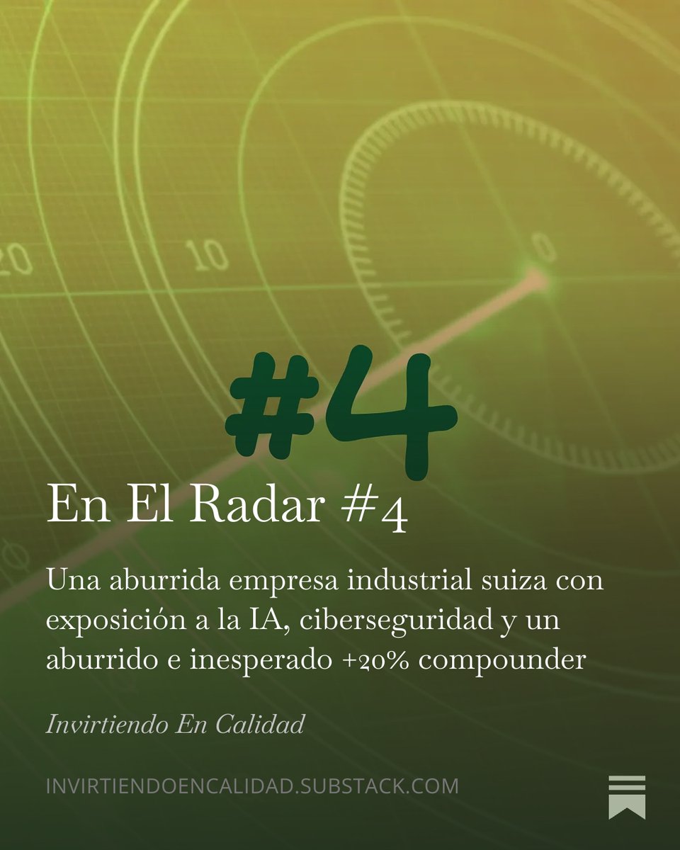 InvEnCalidad's tweet photo. Acabo de publicar la cuarta edición de “En El Radar”, que trae…

1. Una empresa industrial suiza con una posición de liderazgo en un producto clave para la construcción de centros de datos.

2. Una empresa de ciberseguridad con ventajas competitivas defensibles (¡y que genera beneficios GAAP!).

3. Un adquirente en serie bastante especial (probablemente nunca hayas oído hablar de ella) con una gran trayectoria y en un sector defensivo.

Espero que lo disfrutes!