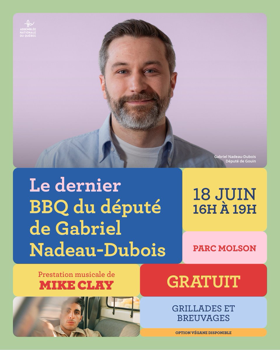 GNadeauDubois's tweet photo. C’est la fin d’une belle et grande aventure !

Il y a neuf ans presque jour pour jour, j'ai été élu pour représenter mon quartier à l’Assemblée nationale du Québec. C’est le plus grand honneur de ma vie.

Chaque jour depuis, j’ai tenté d’être à la hauteur de cette grande responsabilité. J’ai tout donné pour les gens de mon quartier. J’ai fait de mon mieux pour faire résonner au parlement nos espoirs d’un pays plus juste et plus vert. J’ai sonné l’alarme sur la crise du logement, martelé l’importance d’aider ceux et celles qui en arrachent, parlé au nom des femmes et des hommes qui font vivre nos écoles publiques. Si j’ai pu mener toutes ces batailles et même en gagner quelques-unes, c’est grâce aux dizaines de milliers d'appuis que j'ai reçu élection après élection.

Alors que cette aventure tire à sa fin, je veux vous remercier. Je vous invite, pour une dernière fois, à mon traditionnel BBQ du député. Cette année, il y aura même une prestation musicale de Mike Clay !

Pour manger une bouchée, pour me rencontrer ou simplement me dire bonjour… venez faire un tour !

Je serais vraiment content de vous y voir. 🧡🎉

Pour toutes les informations sur l'événement 👇https://t.co/pYg7f1Rsy6