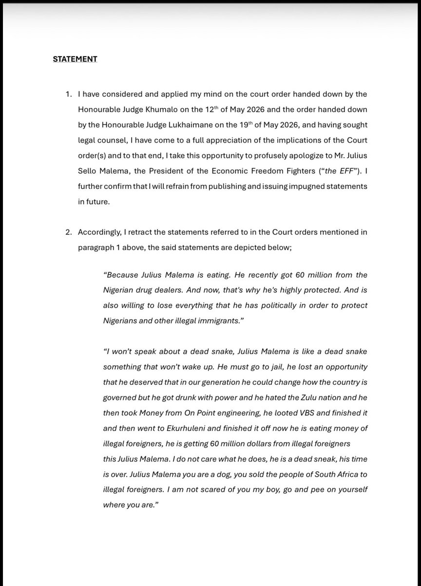 NativeChilld's tweet photo. This is an insult to our president. @Julius_S_Malema should not accept this fauxpology from Ngizwe Mchunu. The idiot didn't show  true remorse even after court judgement. He must go to jail just for control. https://t.co/7zx84t9hnQ