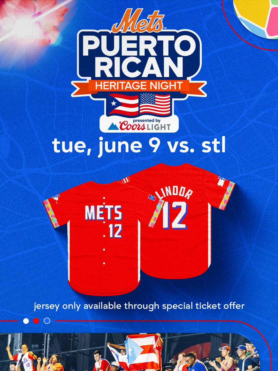 Mets's tweet photo. Join us for Puerto Rican Heritage Night on Tuesday, June 9! 🇵🇷

You'll receive this Puerto Rican-themed Mets Jersey when you purchase a special event ticket!

🎟️👉 https://t.co/HWimVCnP3e https://t.co/5DJlPfutQV