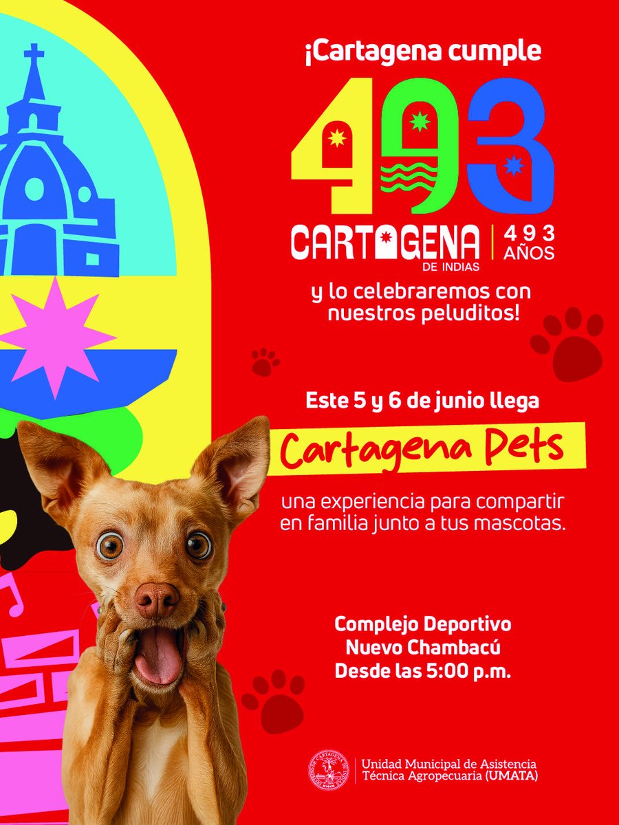 umataCTG's tweet photo. ¿Buscando plan para este fin de semana en Cartagena?

Te invitamos a vivir Cartagena Pets, un espacio pensado para disfrutar en familia junto a tu mascota. 💚🐶

📅 Este viernes 5 y sábado 6 de junio

📍 Complejo Deportivo Nuevo Chambacú
⏰ Desde las 5:00 p.m. https://t.co/tCHBrVHmBr