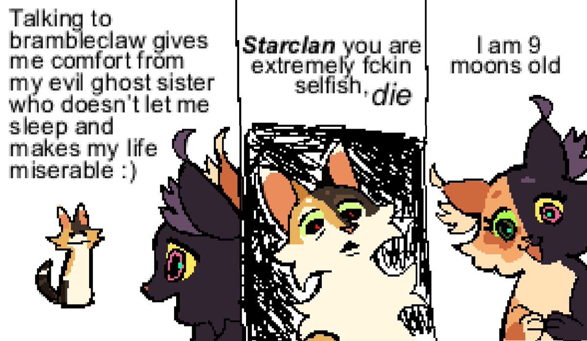 gekkozillas's tweet photo. Tawnypelt bullies local child
Basically what was going on with Moonpaw and tawnypelt in the latest book, my girl tawnypelt would never do this man….🥲 https://t.co/eIAVVPGr53