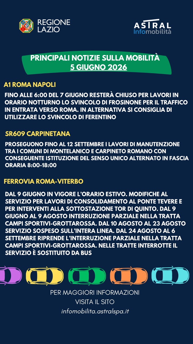 RegioneLazio's tweet photo. 🚘 @astralmobilita Le principali notizie sulla mobilità di oggi #5giugno

Qui tutti i dettagli https://t.co/JobUmkEcZX https://t.co/NVp07mPLuk