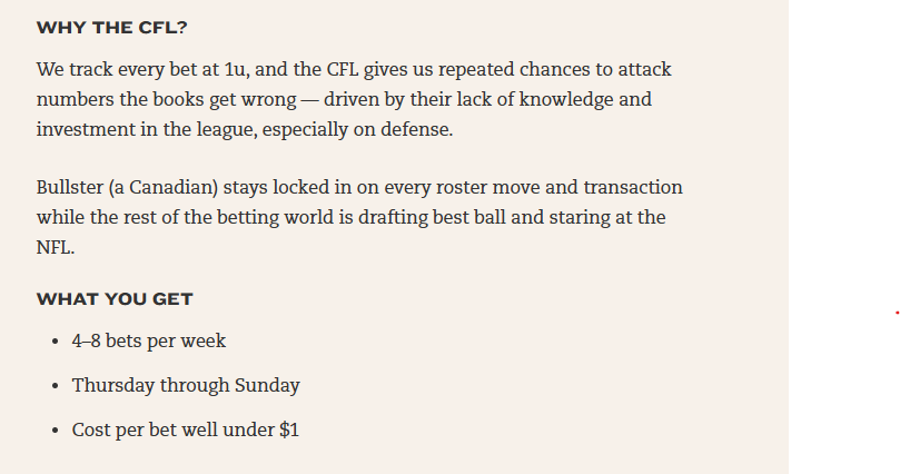 OWSPropz's tweet photo. The CFL is here! 

Just $19 monthly! 

After 8% ROI in his first season, Bullster followed up with a 9% ROI in 2025. 

Get in on the action at less than $1 per bet to build that bank roll for the NFL.  

https://t.co/g4ya2HIzKB https://t.co/RFpikB2zCT