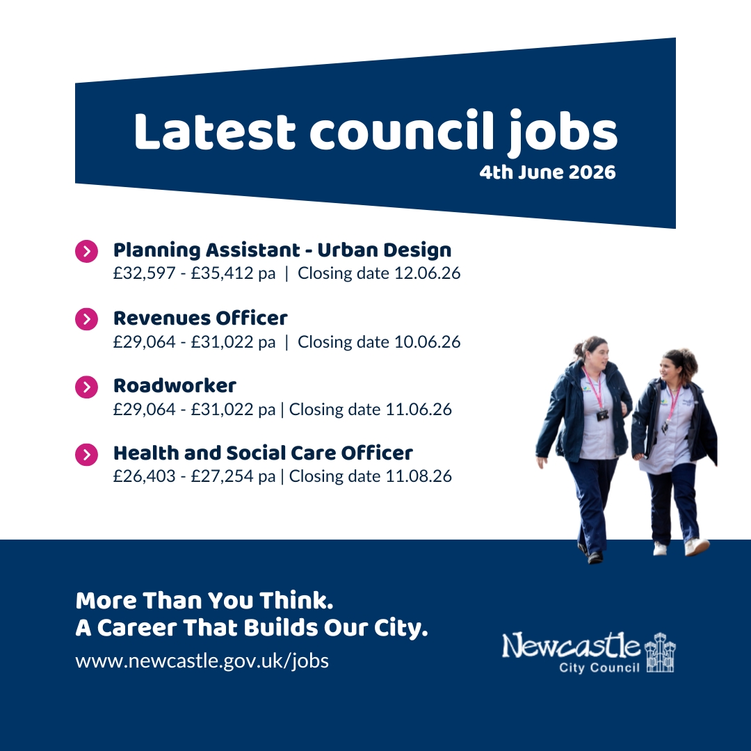 NewcastleCC's tweet photo. Not just council tax and bins 🏛️ 

From city planning to social care, there’s a role for you.

✅ Planning Assistant - £32,597 - £35,412pa
✅ Revenues Officer - £29,064 - £31,022pa
✅ Roadworker - £29,064 - £31,022pa
✅ Health &amp; Social Care Officer - £26,403 - £27,254pa https://t.co/KK4kJO3BIG