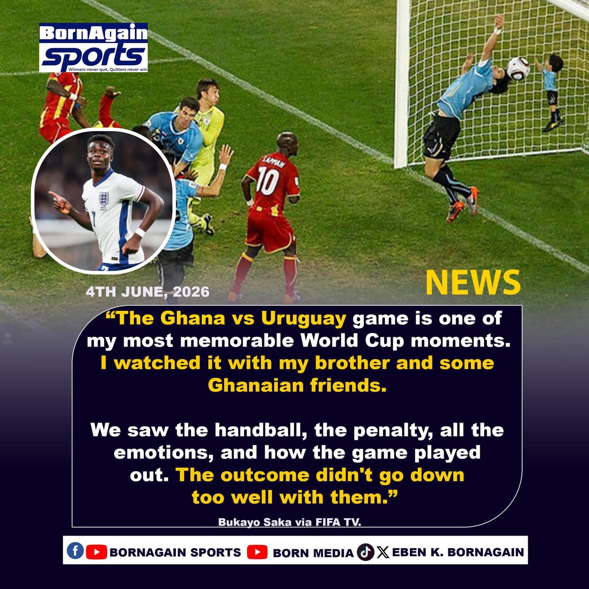 BornAgain771's tweet photo. The Ghana vs Uruguay game is one of my most memorable World Cup moments. I watched it with my brother and some Ghanaian friends. We saw the handball, the penalty, all the emotions, and how the game played out. The outcome didn't go down too well with them. Bukayo Saka via FIFA TV https://t.co/02KZYx3F3Z