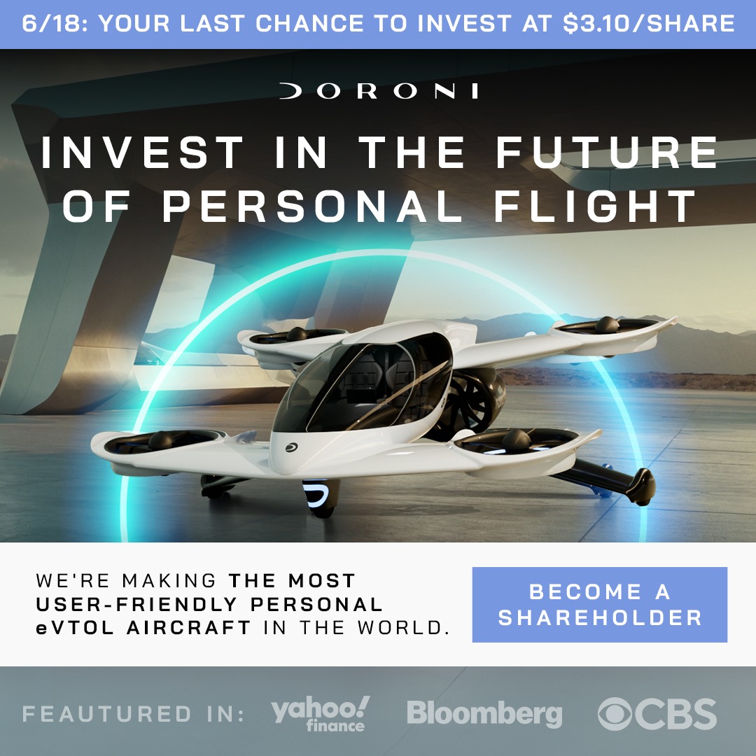 Doroniaero's tweet photo. ⏳ 6/18: Your last chance to invest at $3.10/share!

The future of flight is being built for your garage. Invest in the company redefining personal aircraft ownership with the H1-X, engineered for safety and performance.

Visit our site to learn more and invest in Doroni today.