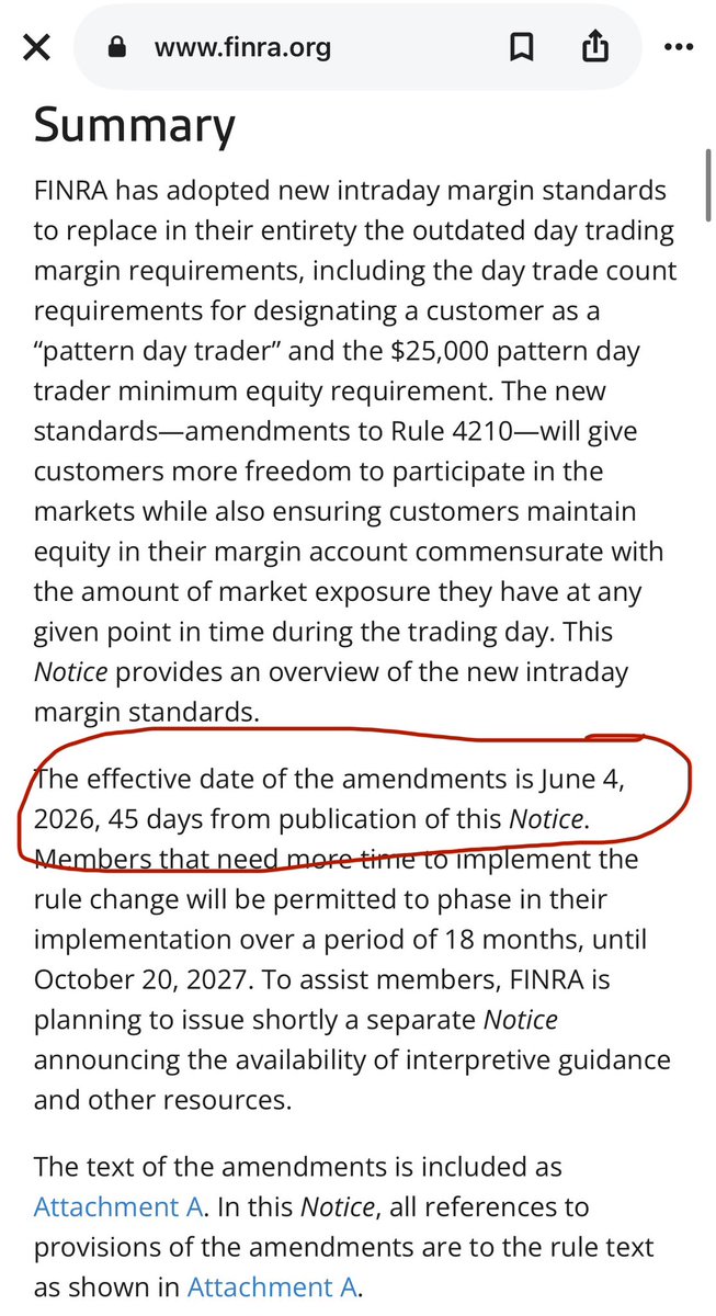 CryptoNewsFlash's tweet photo. Official from FINRA 

Regulatory Notice 26-10
FINRA Adopts New Intraday Margin Standards to Replace the Day Trading Margin Requirements 
Published Date: April 20, 2026
Effective Date: June 4, 2026; Phase-in Period: Ends October 20, 2027

https://t.co/0I7n7F4I7T https://t.co/Z6B0DRVIdH