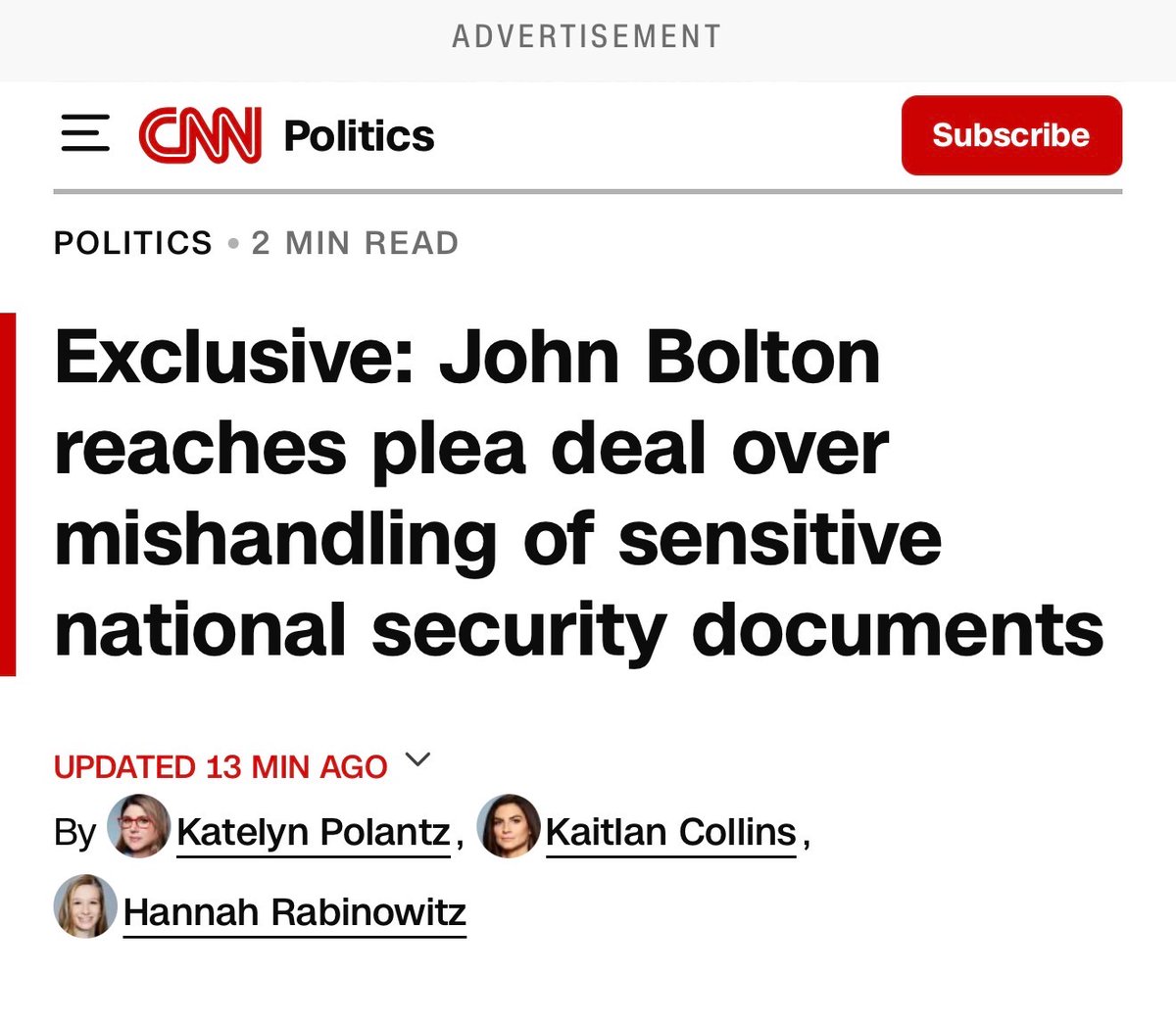 greg_price11's tweet photo. When John Bolton was indicted last October, he compared Trump to Stalin and said he was the "latest target in weaponizing the DOJ to charge those he deems his enemies."

Today, he plead guilty. https://t.co/7BJXO3Mneq