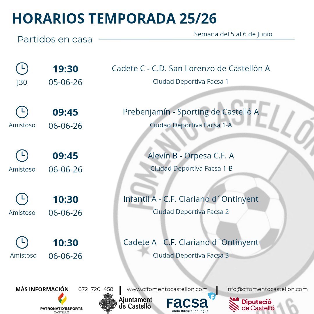 cffomentocs's tweet photo. 🕒 Aquí están!! los últimos HORARIOS de la temporada regular de nuestros equipos ⚽⚽ 
A por todas 💪💪
🗣️Fomento, Go Go Go!!!

@DipuEsport
@PatronatEsports
@Facsa_es

Un club, una ilusión 🤍🩵 
#somfomento 
#fomentocastellon 
#futbolbase 
#gogogo https://t.co/enzSXGClFA