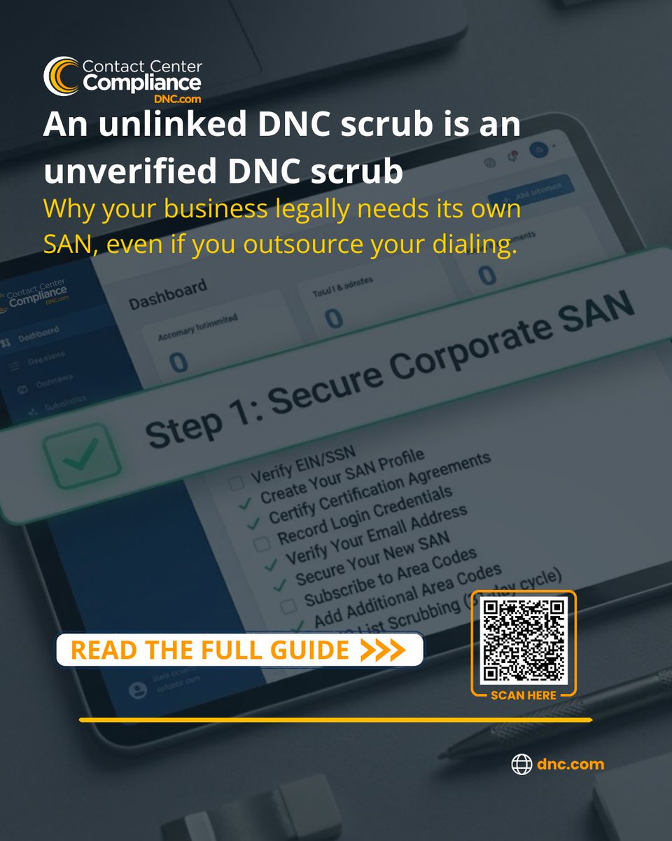 DNCScrub's tweet photo. If list screening isn't tied to your own corporate SAN, it’s considered "unattributed scrubbing"—leaving you exposed to fines up to $53,088 per call.

👇 Scan the QR code or click below for our step-by-step guide: https://t.co/ahASpbMXrA https://t.co/dacoitM0px