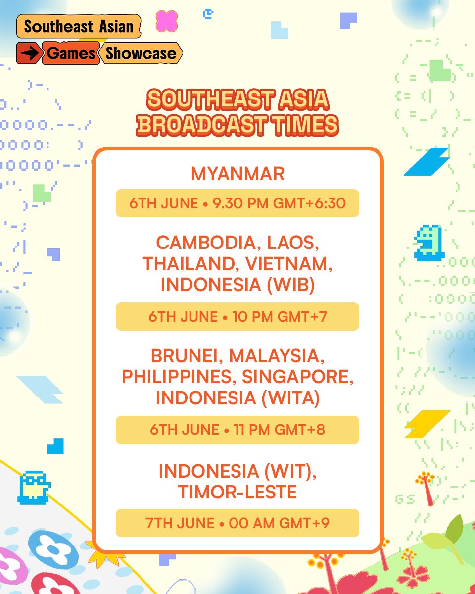 SEAGShowcase's tweet photo. Only ✨ 2 DAYS ✨ until the Southeast Asian Games Showcase!

Join us this weekend to celebrate games and devs from Southeast Asia! 🥳

​🗓️ June 6th, 2026
🕗 8 AM PT / 11 AM ET
🟥 https://t.co/4PUtmifyKk
🟪 https://t.co/eiHogLgacU

#SummerGameFest
#SEAGShowcase https://t.co/hC0RNpu7Yt